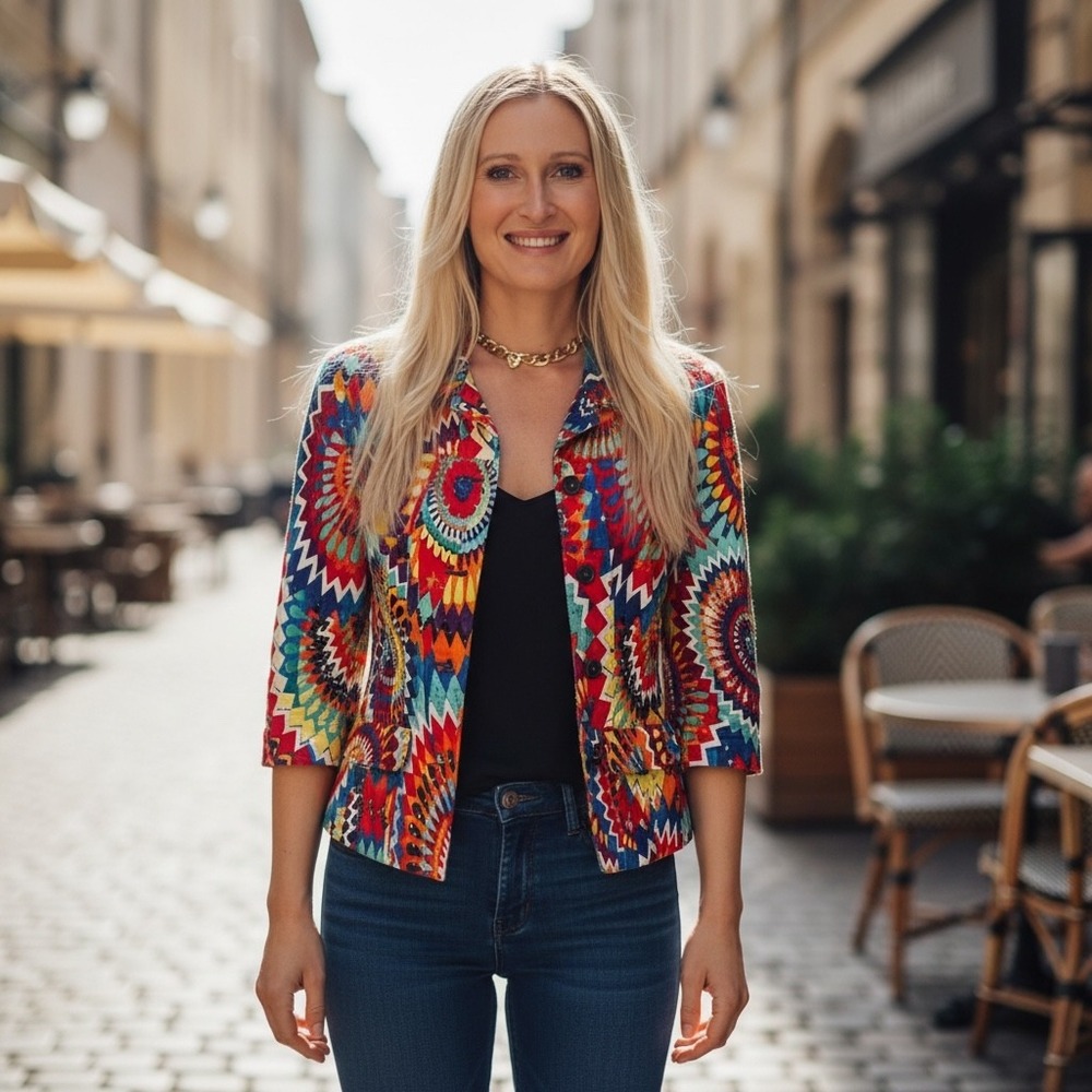 Chicos Multi Color Geometric Kaleidoscope Print Blazer Jacket Size 0